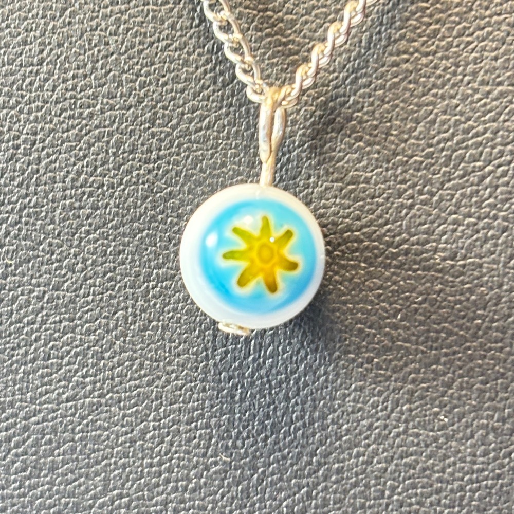 Vintage Glass Bead Pendant Necklace Silver Blue Yellow Sunburst Boho Statement
